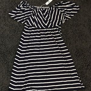 Off the shoulder navy blue striped dress